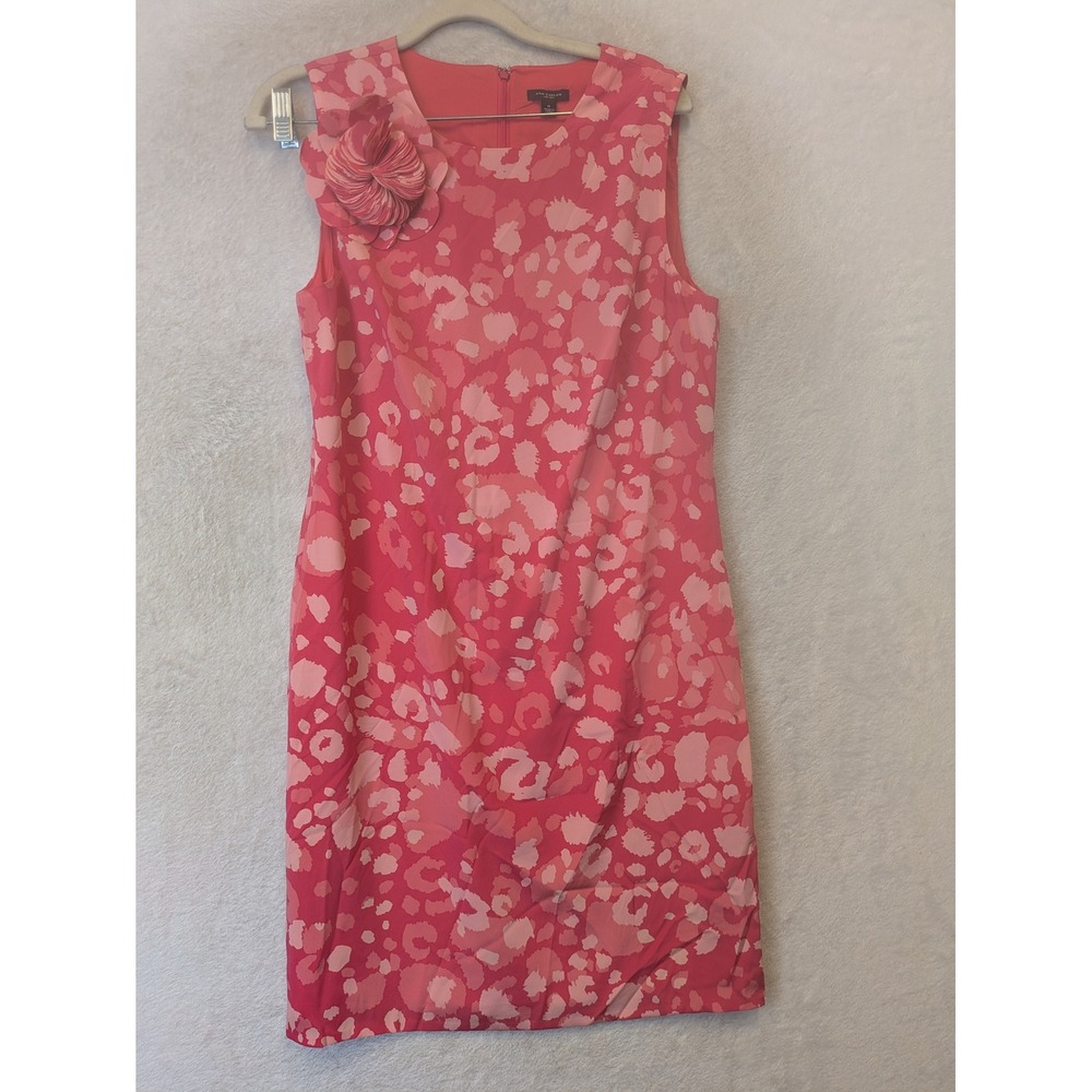 Ann Taylor Sheath Dress Women's 8 Pink Leopard Print Floral Appliqué Silk Blend